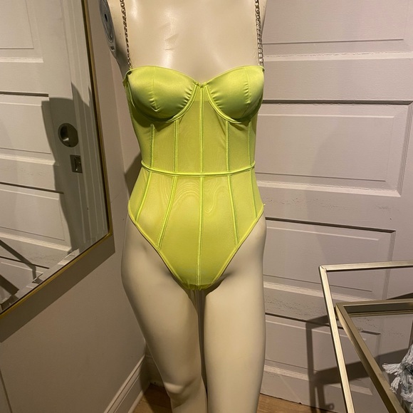 Tic Toc Lined Underwire Mesh Neon Yellow  Bra Snap Back Bodysuit Size Small. - Picture 2 of 11